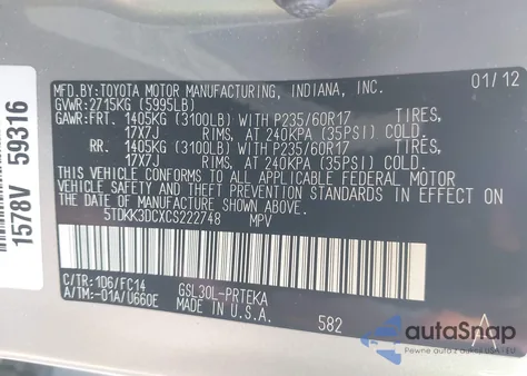 2012 Toyota Sienna Le V6 8 Passenger из США, поврежденный, VIN 5TDKK3DCXCS222748